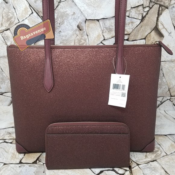 ✨ Shimmy Glitter Top Zip Tote Shoulder Bag Deep Nova Burgundy Wallet Kate spade - Picture 13 of 16